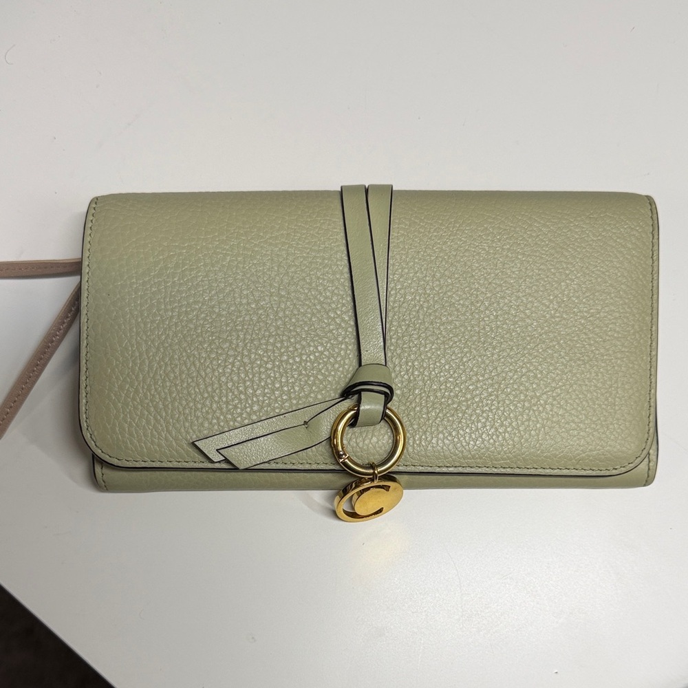Chloé Light Sage Green Leather Crossbody Wallet with Gold Hardware